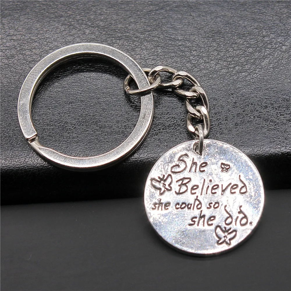 DIY Metal Keychain Holder Antique Silver Color 24x24mm She Believed She Could So She Did Pendant Keyring Souvenirs Gift