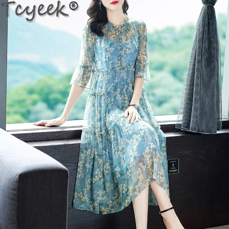 

Tcyeek Spring Summer Womens Dresses 2023 Elegant Pinting Dress Fashion Dress for Woman 100% Mulberry Silk Dresses Vestido Mujer