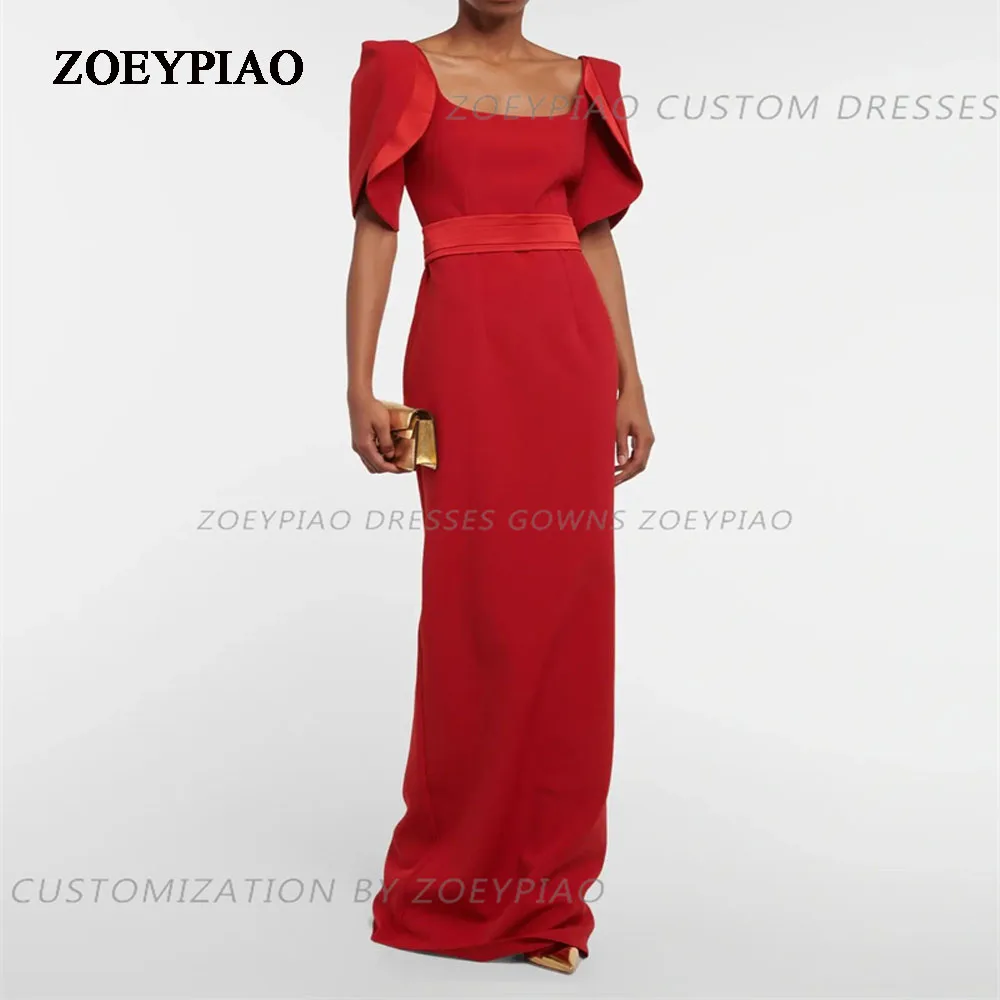 

Red Long Strapless Beach Causal Prom Dresses Satin Cape Short Sleeves Formal Event Party Gowns Slit robes de soirée Dress