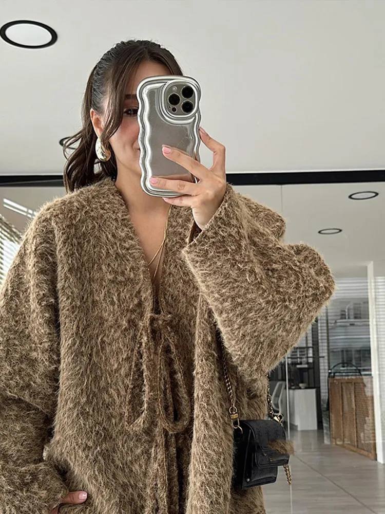 Elegant Brown Lace Up Short Knitted Cardigan For Women Fashion Long Sleeves Mohair Sweater Tops 2024 New Autumn High Streetwear