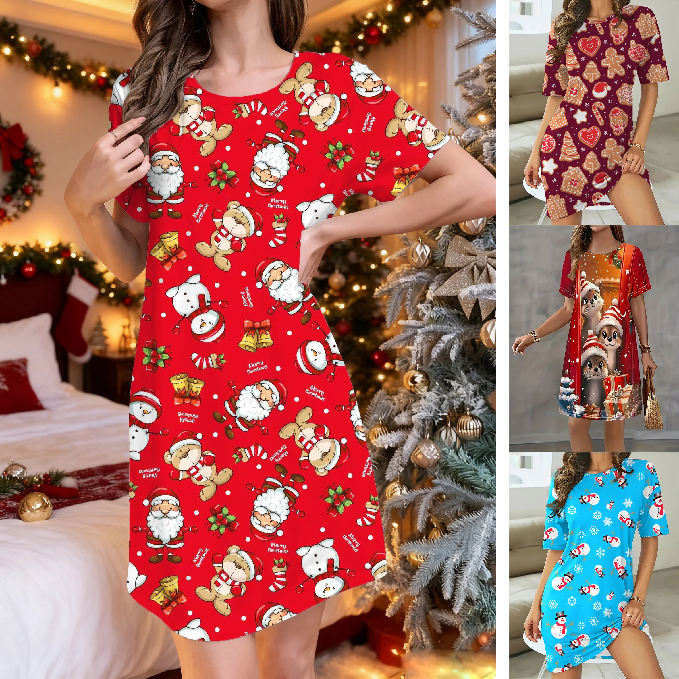 فستان تي شيرت نسائي مطبوع عليه سانتا آند بيل لعيد الميلاد - زي أحمر وحفلات العطلات مع فساتين نسائية بأكمام قصيرة ملابس Y2k #1