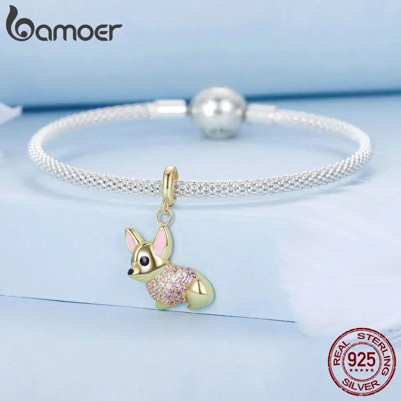 BAMOER 925 Sterling Silver Lovely Corgi Pendant Cute Dog Charms for Women Bracelet Making Gold Plated Fine Jewelry Accessories