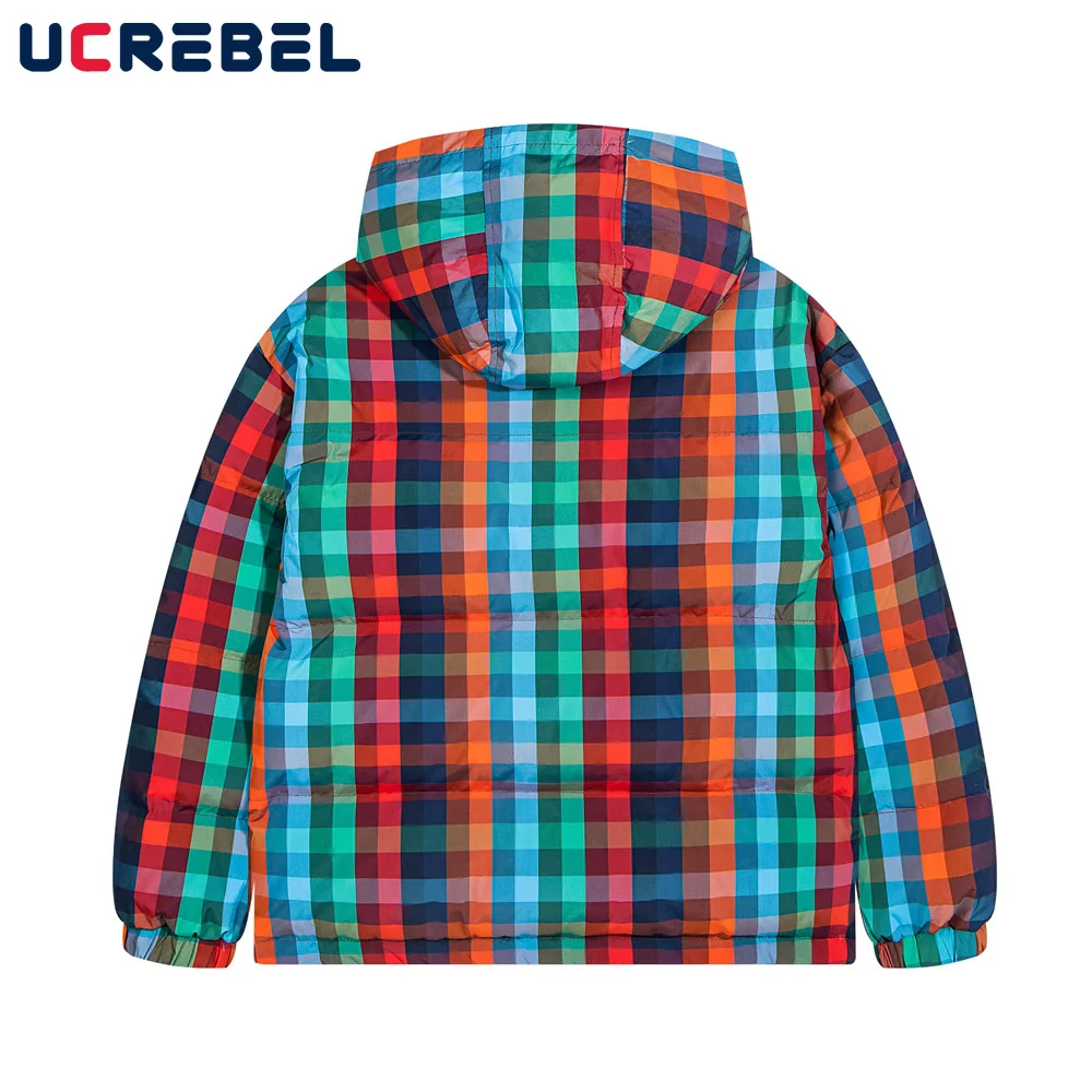 Rainbow Plaid Padded Jacket Mens Button Decoration High Street Loose Hooded Long Sleeve Thick Quilted Jacket Men