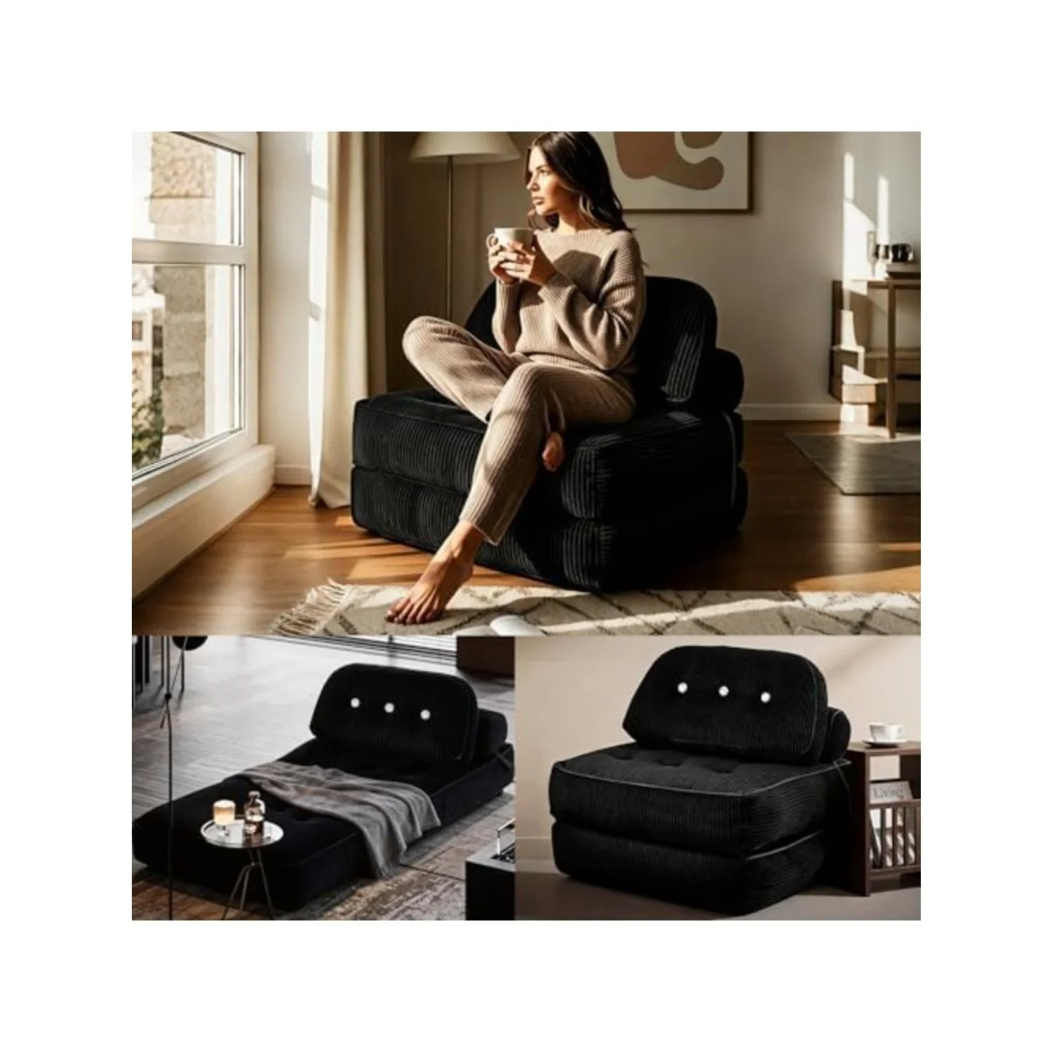 Fold Out Chair Bed-Futon Convertible Sofa with Back Support and Pillow, up to 300LBS Load Capacity,32’’-64’’ Foldable