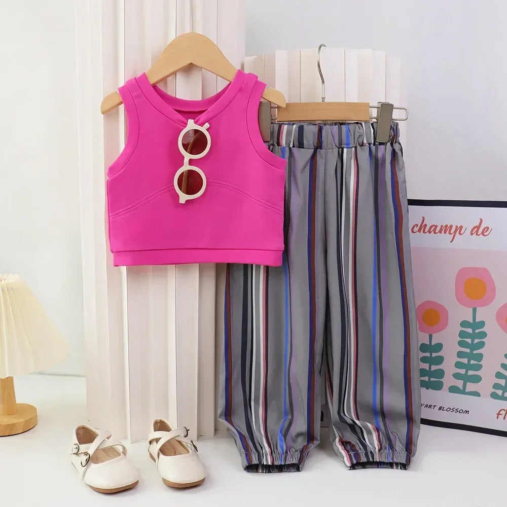 

2 Pieces Clothing Sets for Baby Girls Summer Solid Color Vest and Stripes Casual Pants Suits Kids Clothes 3-7 Y