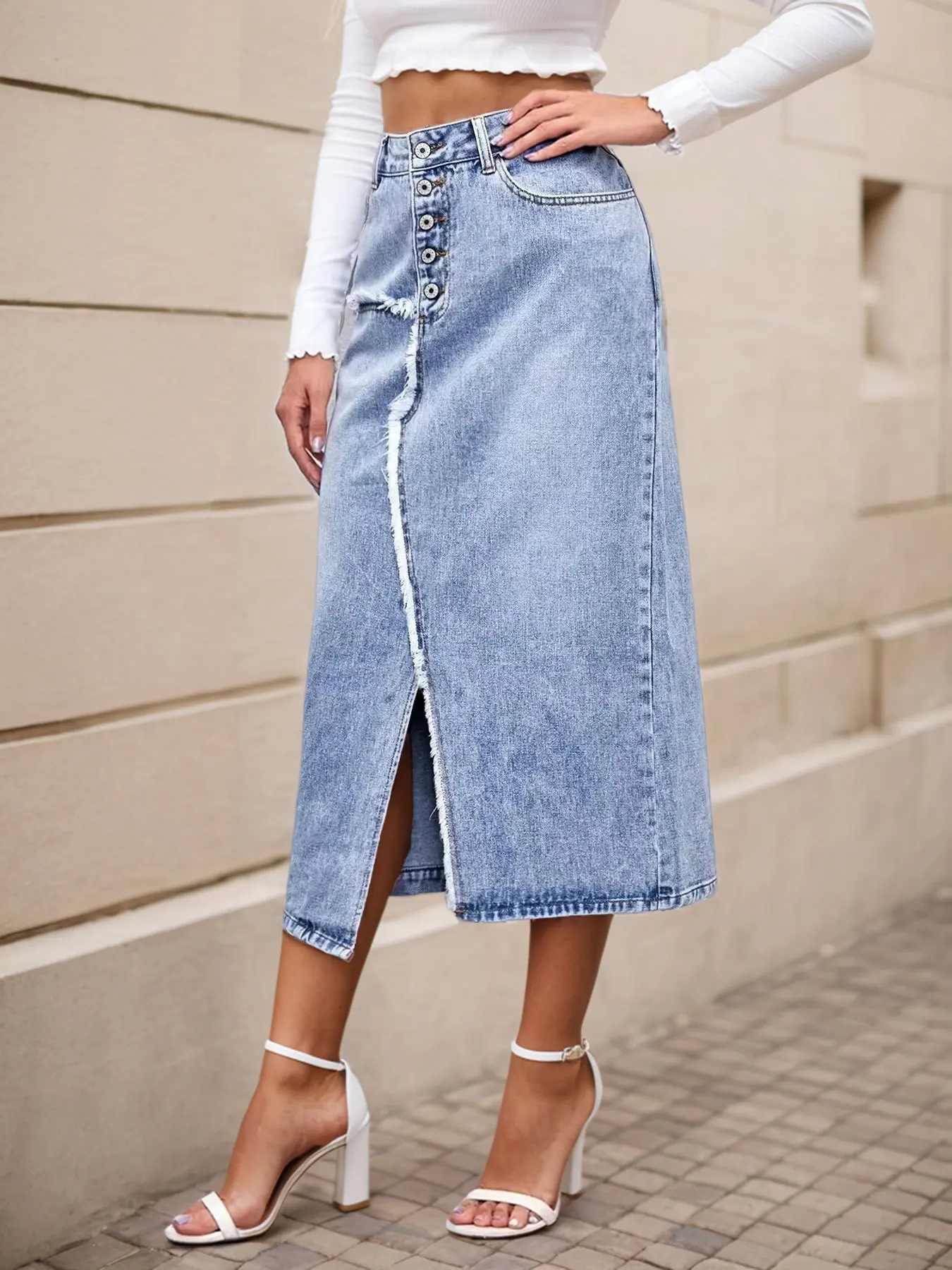 Women s Denim Midi Skirts Fashionable Casual High Waisted Split Hem Long Skirt with Pocket