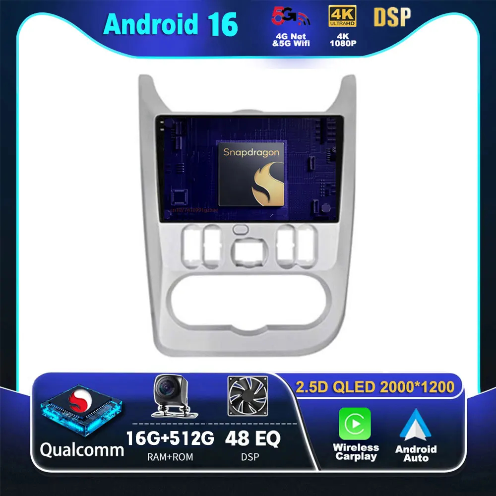 Android 16 Qualcomm For Renault Logan 1 Sandero 2009 - 2015 Carplay Auto Car Radio Player Multimedia srereo Navigation Video BT