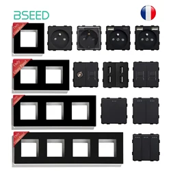 BSEED 유리 소켓 프레임 1/2/3Gang 기계식 버튼 스위치 프랑스어 소켓 TV ST RJ45 CAT5 Type-c USB 소켓 DIY 삽입 부품