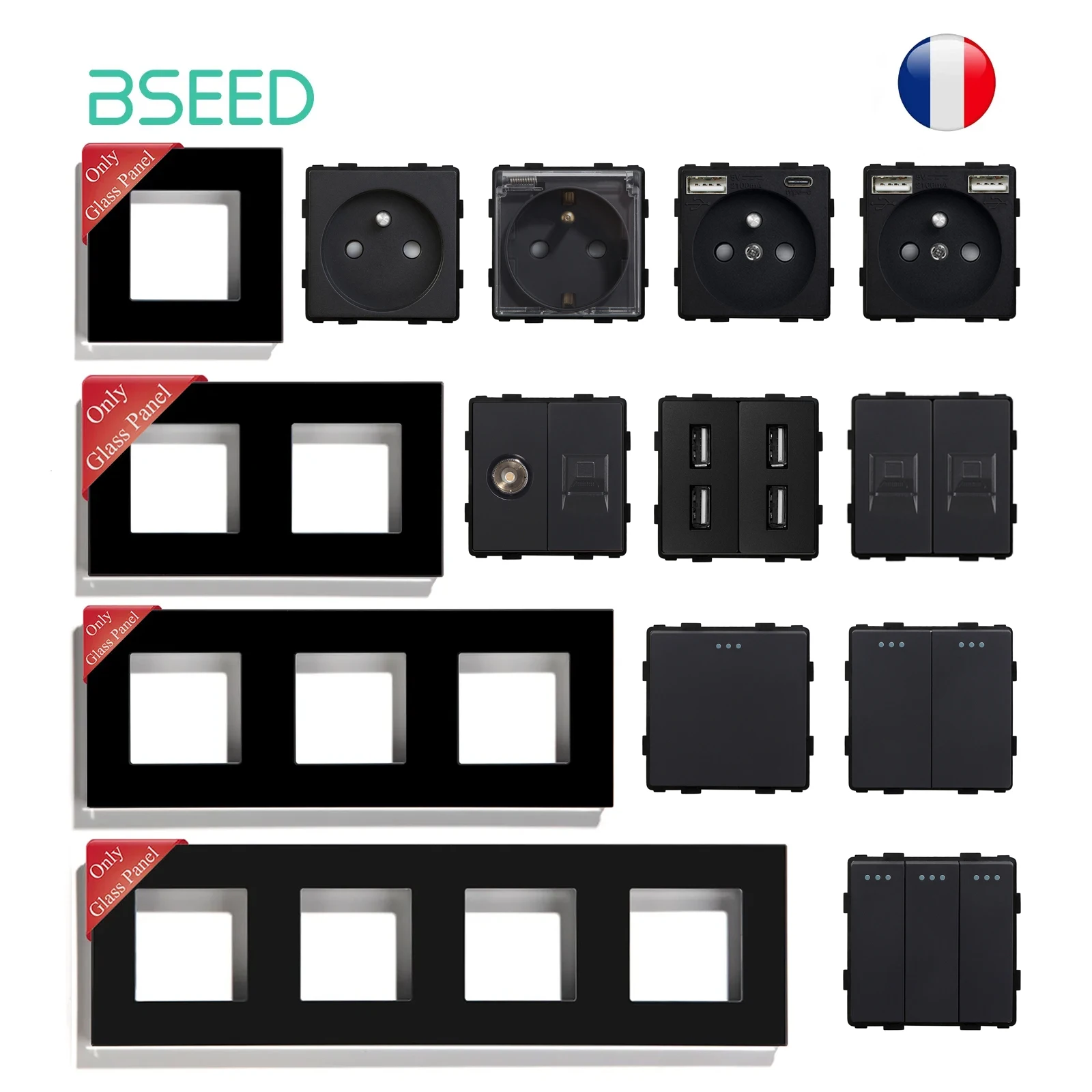BSEED Szklane ramki gniazd 1/2/3Gang Mechaniczne przełączniki przyciskowe Francuskie gniazdo TV ST RJ45 CAT5 Typ-c Gniazda USB DIY Wstaw części