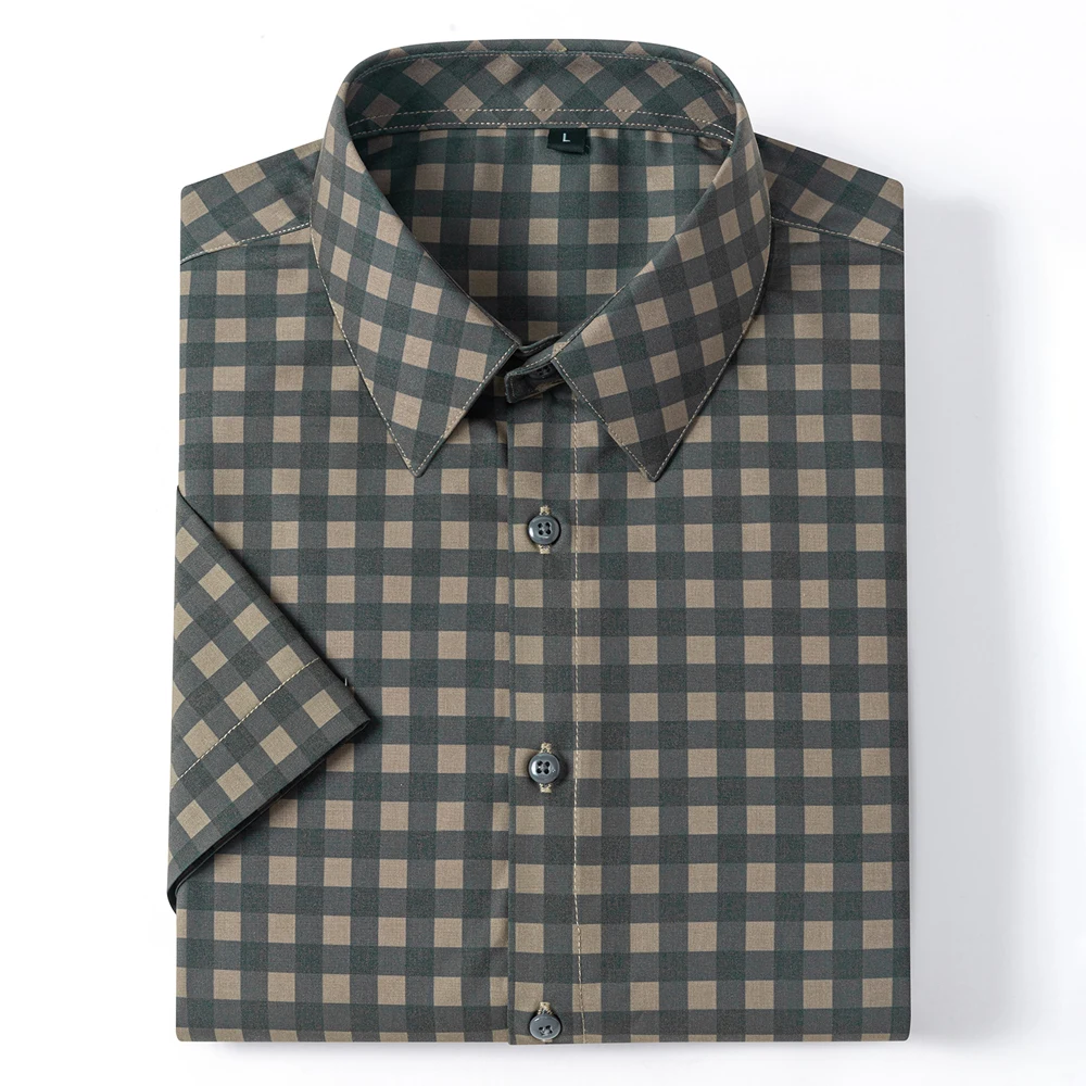 Men Summer Non-Iron Check Short Sleeve Shirt without Pocket Breathable Skin-Friendly Bamboo Fiber Easy Care Business Casual Wear