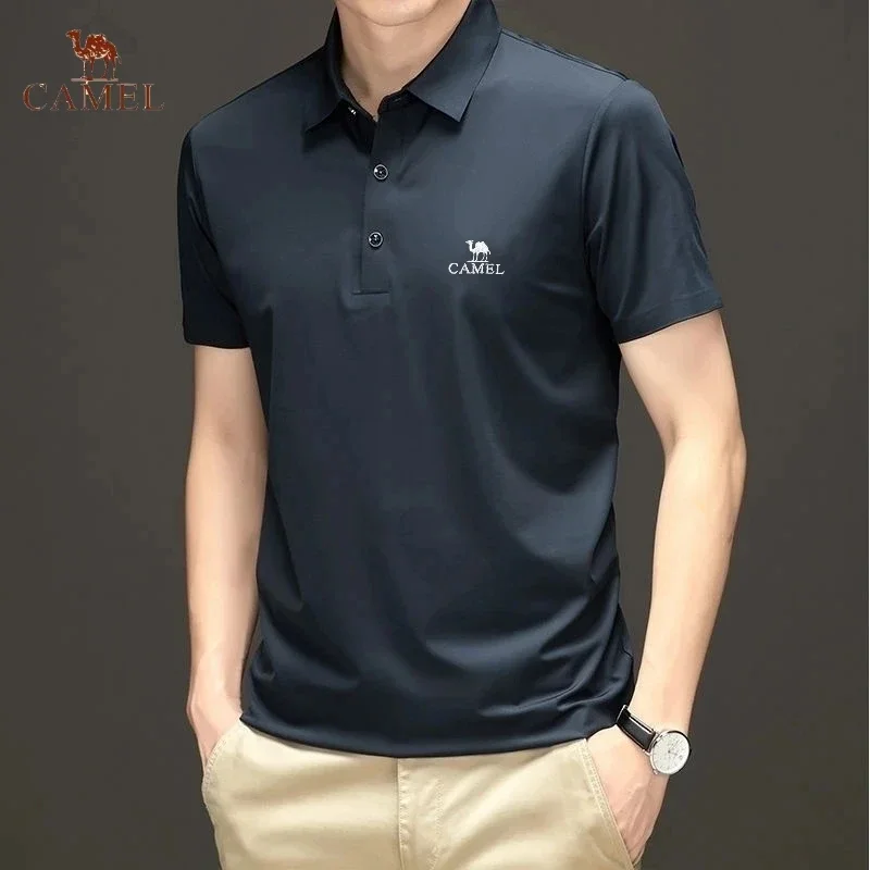 New High-end Embroidered CAMEL Silk Polo Shirt Summer Men\'s Fashionable Business Casual Breathable Short Sleeved T-shirt Top
