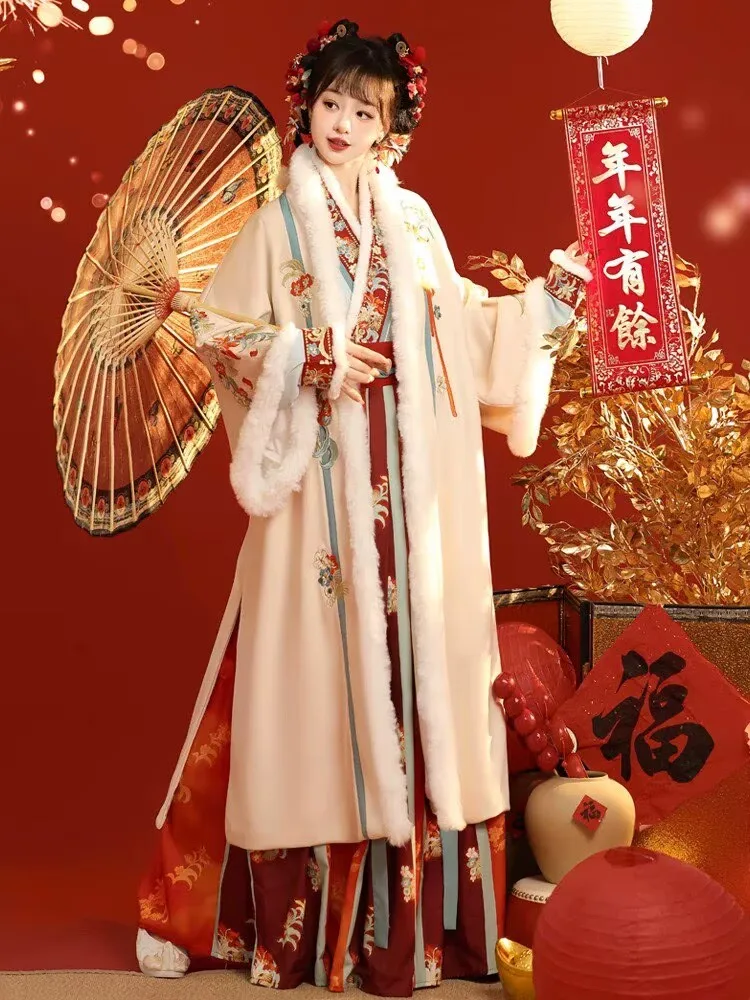 

Winter Chinese Hanfu Suits For Women Thickened and Fleece-Lined Long Coat With Dress Stage Cosplay Costume For Women Plus Size