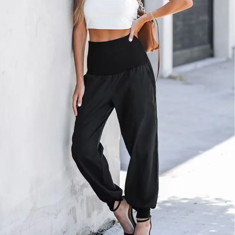 

Woman Fashion High-Waist Trousers Temperament New Autumn & Winter Women's Elastic Waist Strap Solid Pocket Design Casual Pants