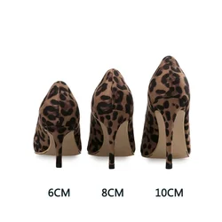 Saltos altos sexy com estampa leopardo para mulheres, sapatos elegantes de escritório, sandálias pontiagudas, sapatos luxuosos, 6-10cm, outono