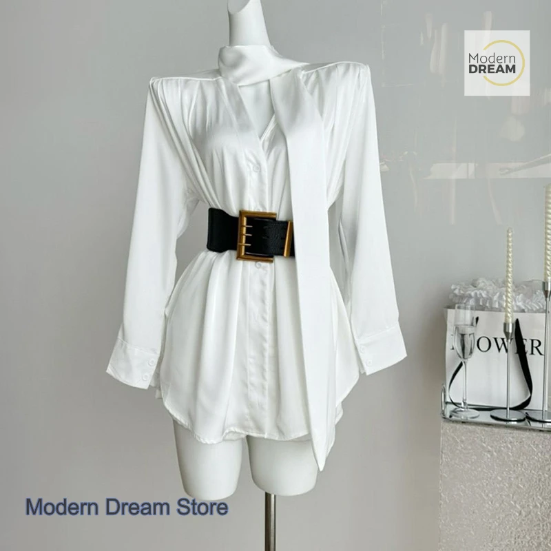 فستان بحزام معدني للسيدات من الدرجة العالية الفرنسية للربيع والخريف تنورة قميص بشريط من الساتان بمزاج الأخت الأكبر سناً