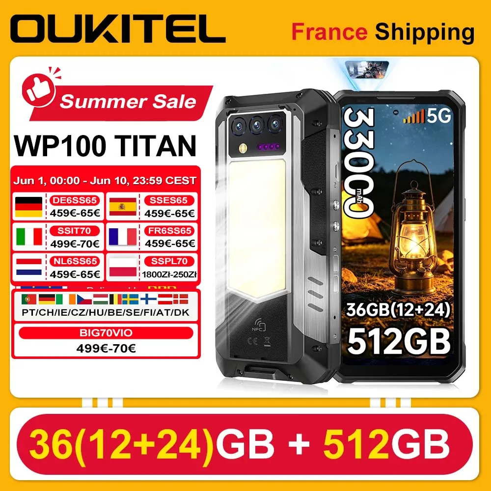 Oukitel WP100 TITAN Smartphone Robusto 36GB (12+24) + 512GB 6.8'' 5G 33000mAh 66W 120Hz Android 14 2+20+32+200MP Dual SIM