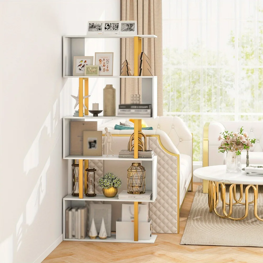 

5-Tier Geometric S-Shaped Bookcase, 62-Inch Modern White & Golden Freestanding Bookshelf with Metal Frame & Anti-Tip Safety System, Heavy-Duty Wood & Metal Storage Shelving Unit, 44lb/Shelf Capacity, Space-Saving Design for Living Room