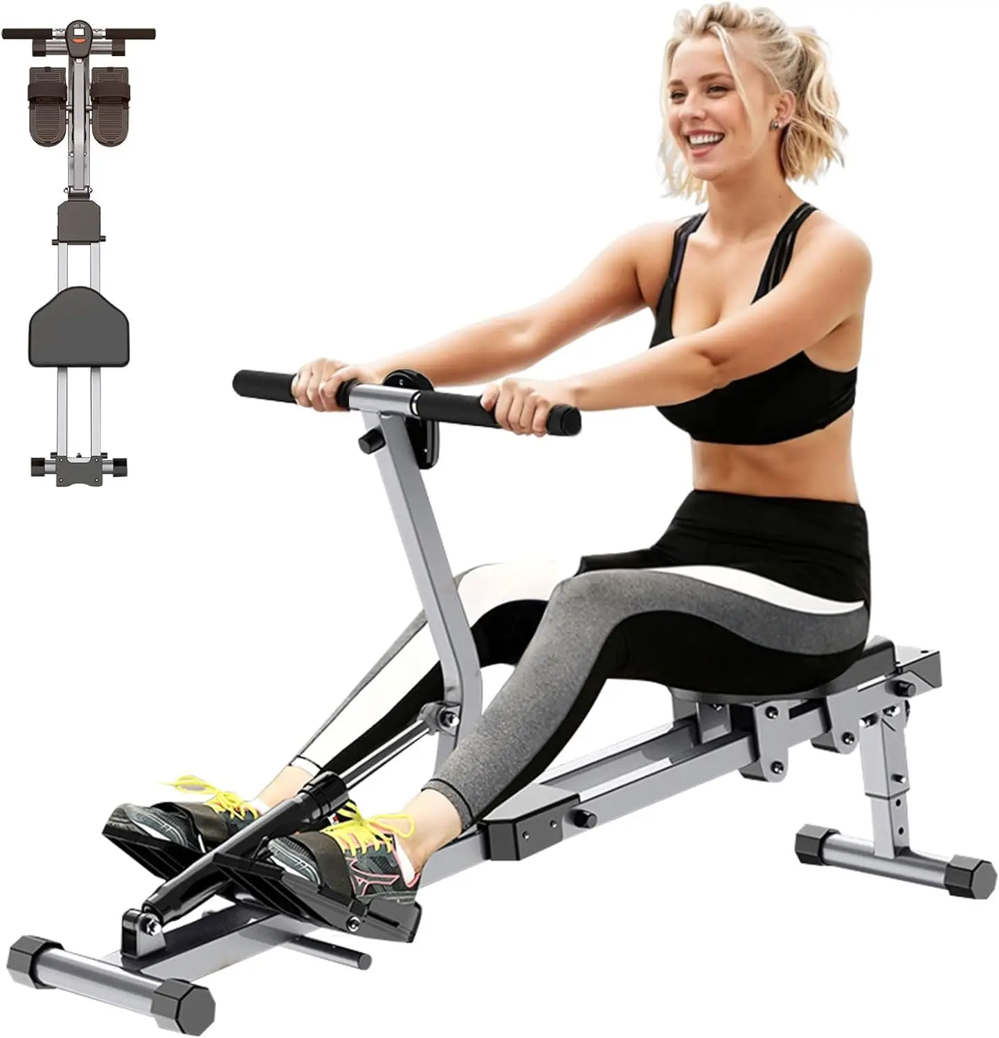 Rowing Machine, Hydraulic Rowing Machine. Dual Tracks for Quieter, Indoor Fitness。with 12 Levels of Adjustable Resistance. LCD D