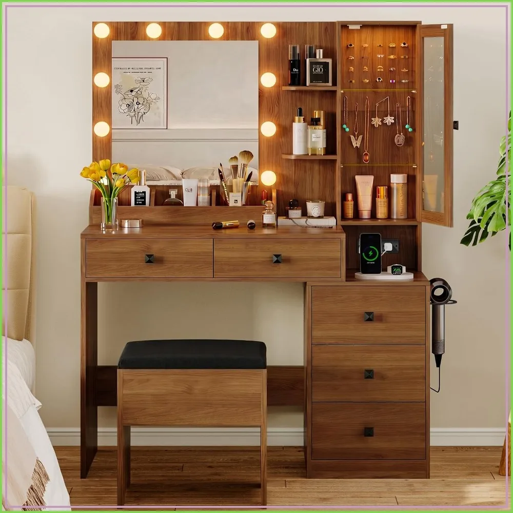 Vanity Desk with Mirror and Lights, Makeup Table Set with 5 Drawers, Power Outlet & Chair, Walnut