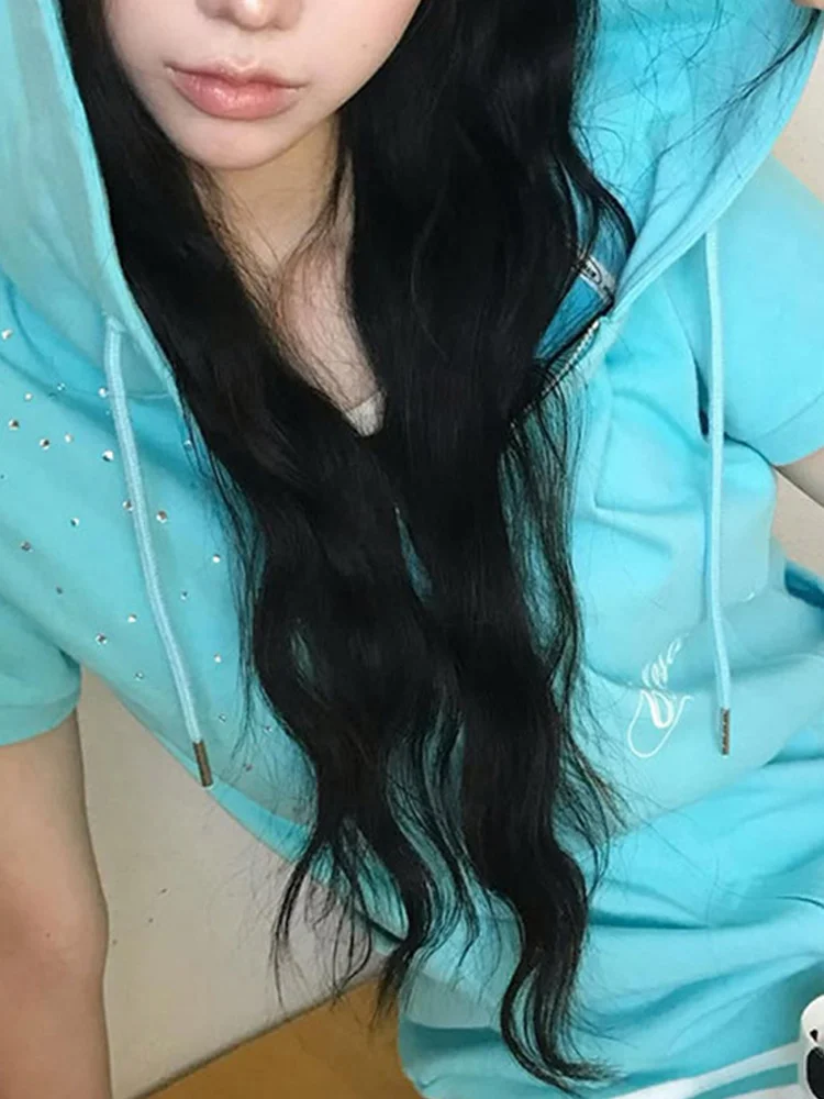 Women's Y2K Hot Girl Zipper Hoodie with rhinestone letter print striped short jacket, suitable for daily casual wear in summer view 4