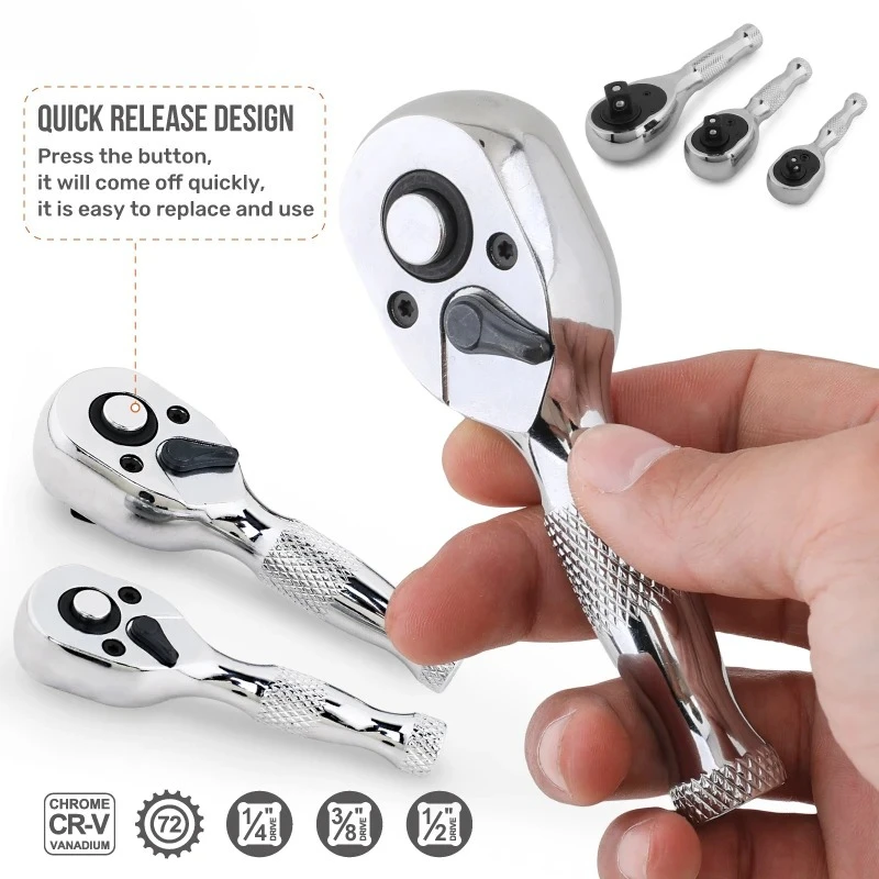 Quick Socket Mini Ratchet Wrench Spanner 2-in-1 Dual Head Stubby Torque Wrench 1/4 3/8 1/2 72 Teeth Repair Hand Tools