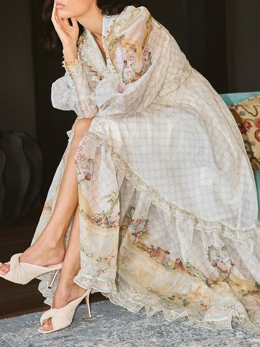 เดรสผ้าโปร่งลายสก็อตสไตล์ฝรั่งเศสย้อนยุค VGH สำหรับผู้หญิง ปกเสื้อแบบปกเชิ้ต คอวี แขนยาว ตัดต่อผ้าหลายชั้น ดีไซน์หรูหรา ยาว สำหรับฤดูใบไม้ร่วง