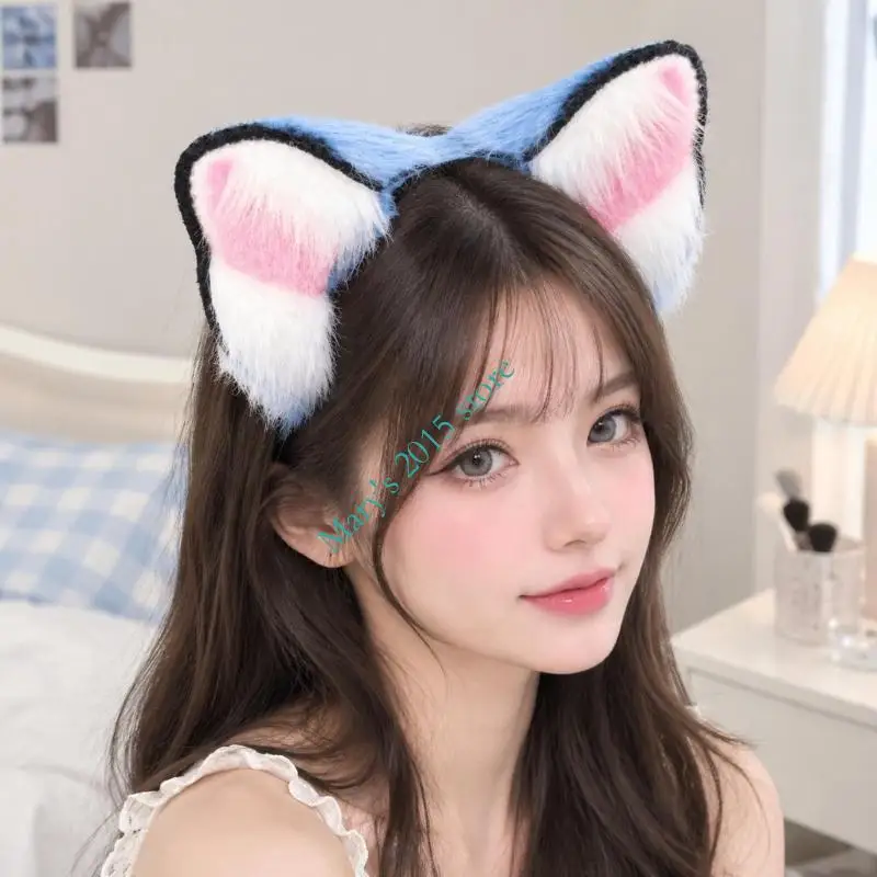 Plush Animal Ear Hairband with Dimensional Blue Ears and Contrasting Accents Tail for Stage Shows and Halloween Costumes