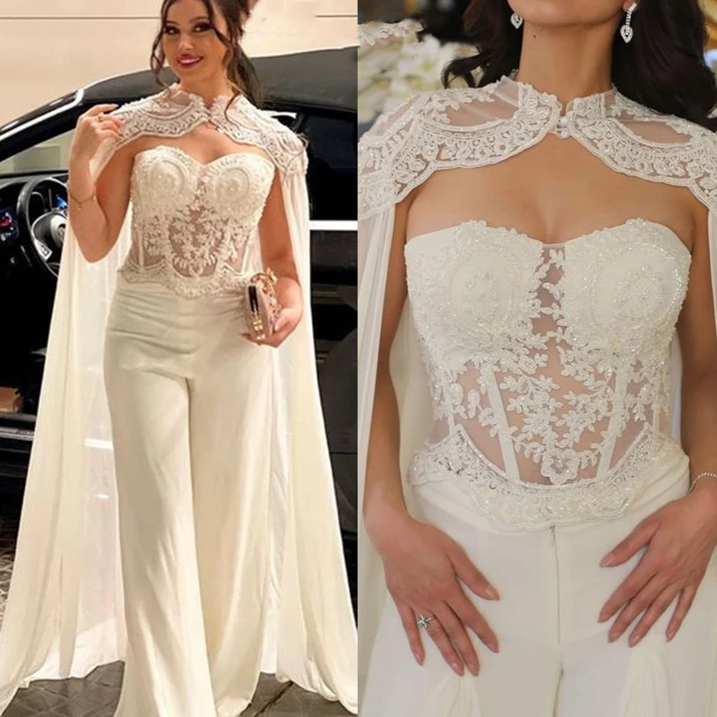 

Elegant White Jumpsuits Evening Dresses With Long Wrap Lace Customized Beaded Strapless Corset Pants Suit Prom Gown For Women