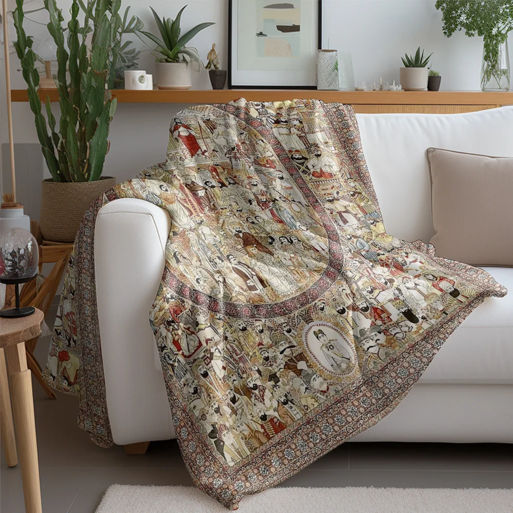 Multi-Scene Mosaic Pattern Blanket Renaissance Art Tapestry Decorative Throw Blanket for Sofa Bed Living Room Bedroom
