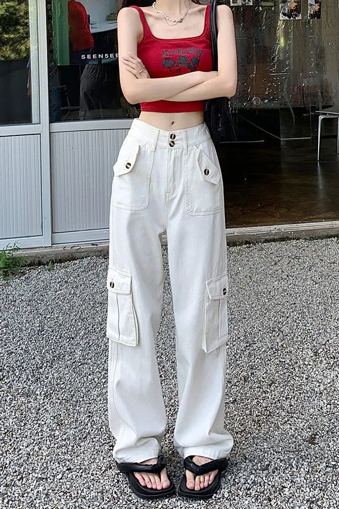 الجينز الأمريكي الرجعية للنساء في الخريف الفتيات الساخنة العمل السراويل عالية الخصر الطابق السراويل فضفاضة واسعة الساق السراويل