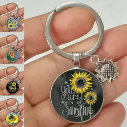Hot Sale Sunflower Alloy Glass Convex Keychain Car Keychain Case Charm Metal Keyring Keychain Gift For Women, Men