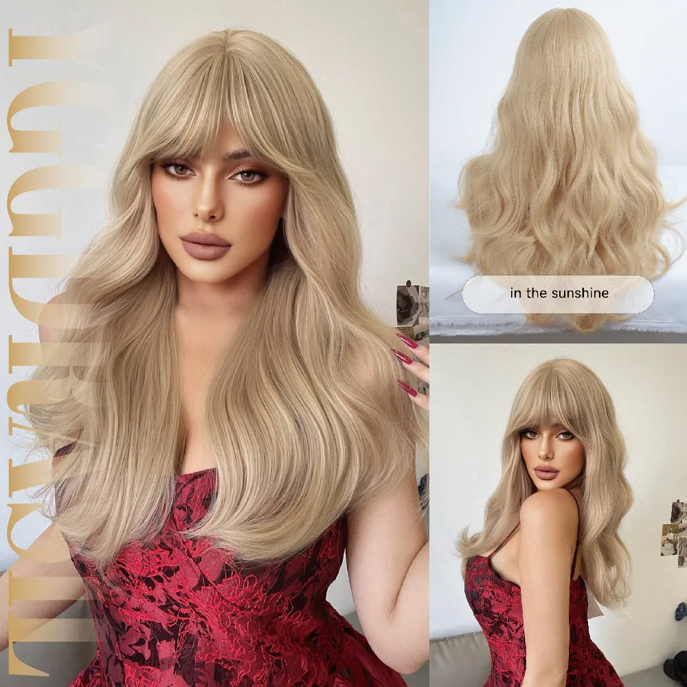 

24Inch Blonde Modern Style Synthetic Wigs with Bangs Medium Natural Wavy Hair Wig For Women Daily Use Party Heat Resistant