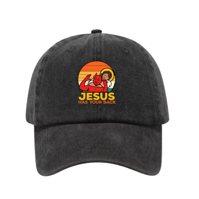 JESUS HAS YOUR BACK Printed Washed Cotton Adjustable Baseball Cap Snapback Dad Hat Breathable Hat Golf Fishing Outdoor Sun Cap