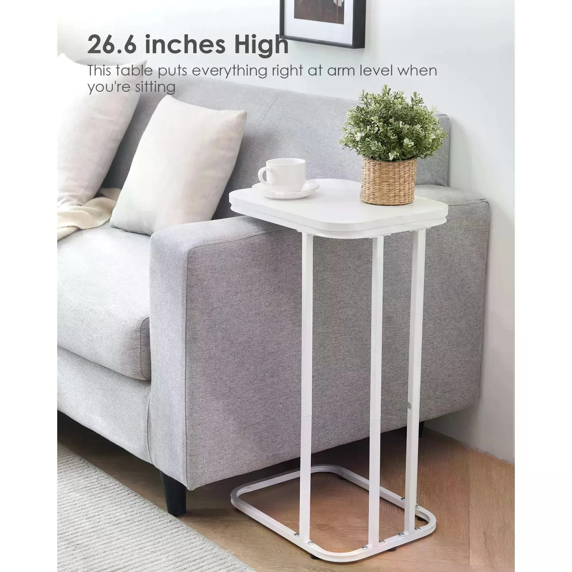 White 26.6" C-Shaped End Table & TV Tray.Portable Metal Frame Side Table for Couch, Bed, Living Room & Bedroom. - view 3