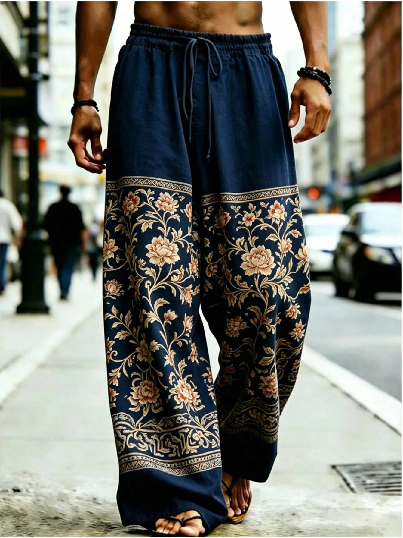 3D Print Men's Wide Leg Casual Pants, Relaxed Loose Cut Elastic Fabric Dual-use for Home and Beach