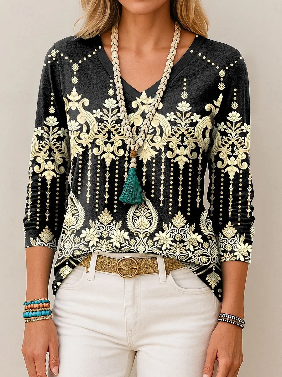 

Women's T-Shirts Tunic Graphic Paisley V-Neck Long Sleeve T-shirts Elegant Trendy Tees Regular Tops Women's Pullover Fall Winter