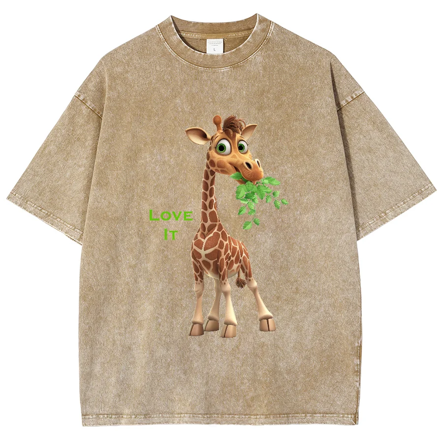 Cute Giraffe Eating Grass Print Ladies T-Shirt Neutral Wash Black Short Sleeve Oversized Loose Casual Everyday Tee