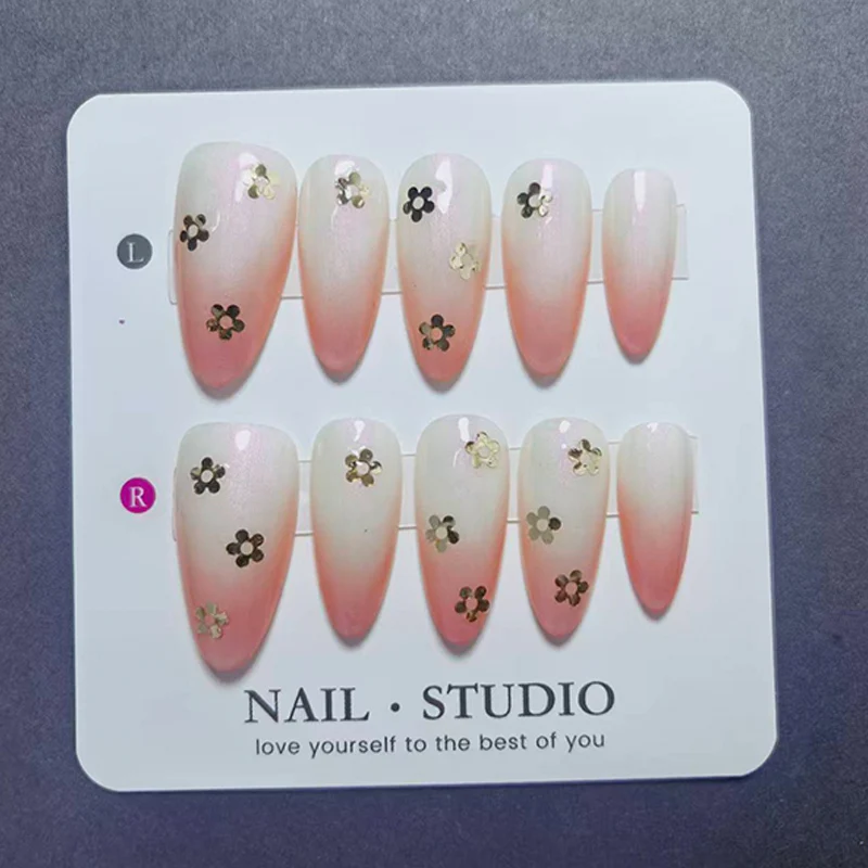 10Pcs White to Pink Gradient Press on Nails, Gold Flowers Fa