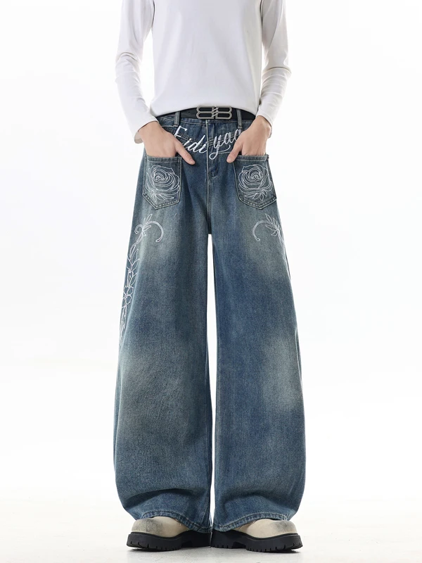 

Мужские зимние джинсы с цветочной вышивкой, винтажные, прямого кроя, свободные, широкие штанины, средняя посадка, на молнии, повседневные