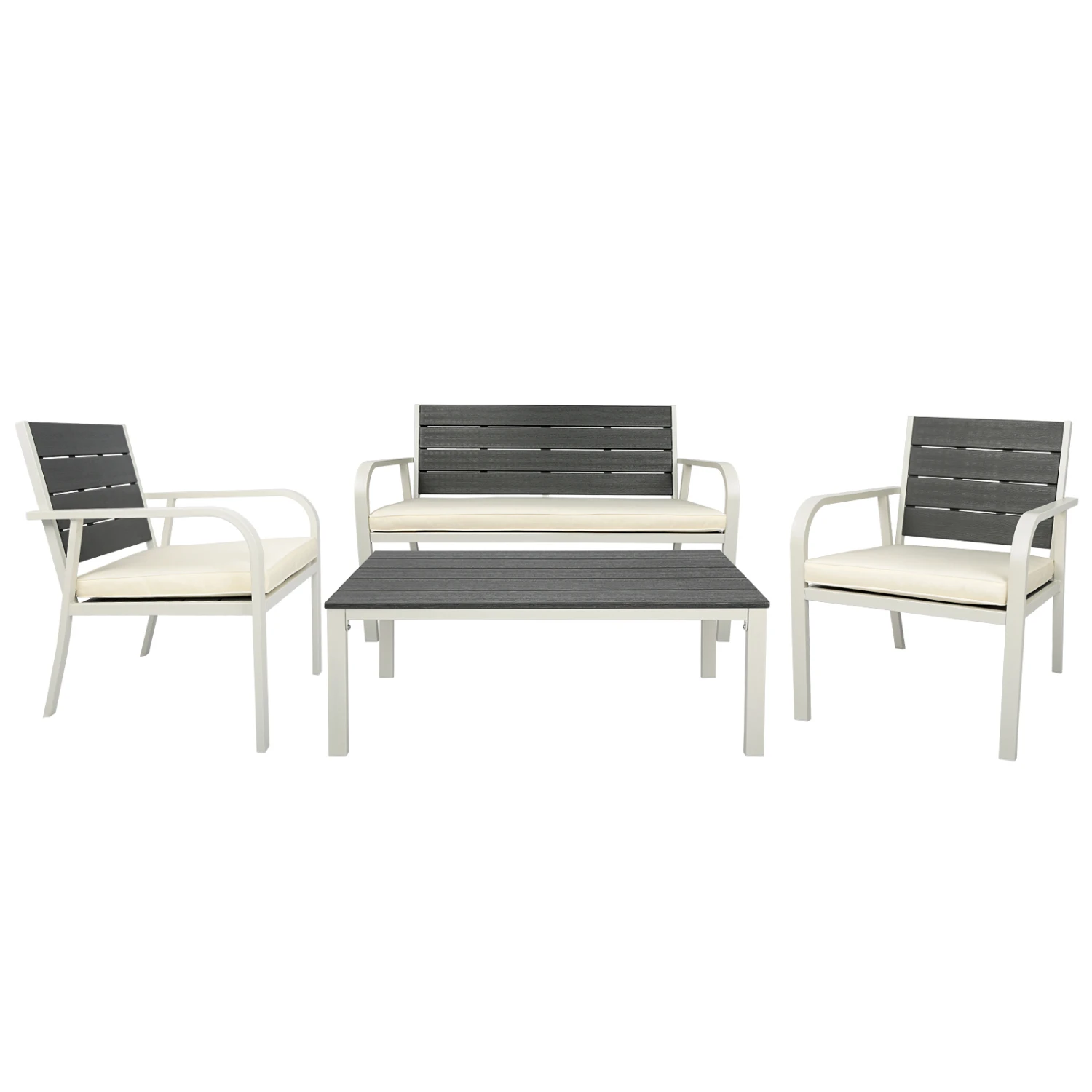 Outdoor Patio Sofa Set PE Steel Frame Loveseat All-Weather Furniture with Cushions and Coffee Table White