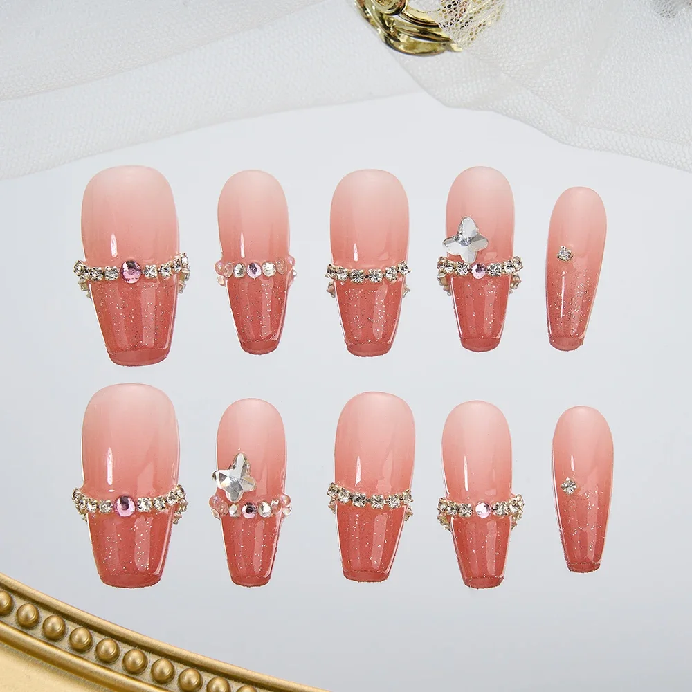 10PCS Handmade Fake Nails Long/Short Press on Acrylic Nails Pink Diamond Nail Tips Art False Nails with Glue Finished Nail