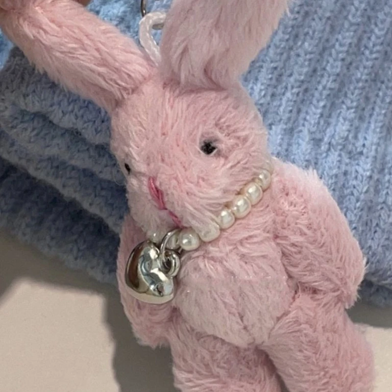 Porte-clés lapin rose en peluche, Mini poupée en peluche, pendentif en forme de cœur d'amour, accessoires pour sac à dos