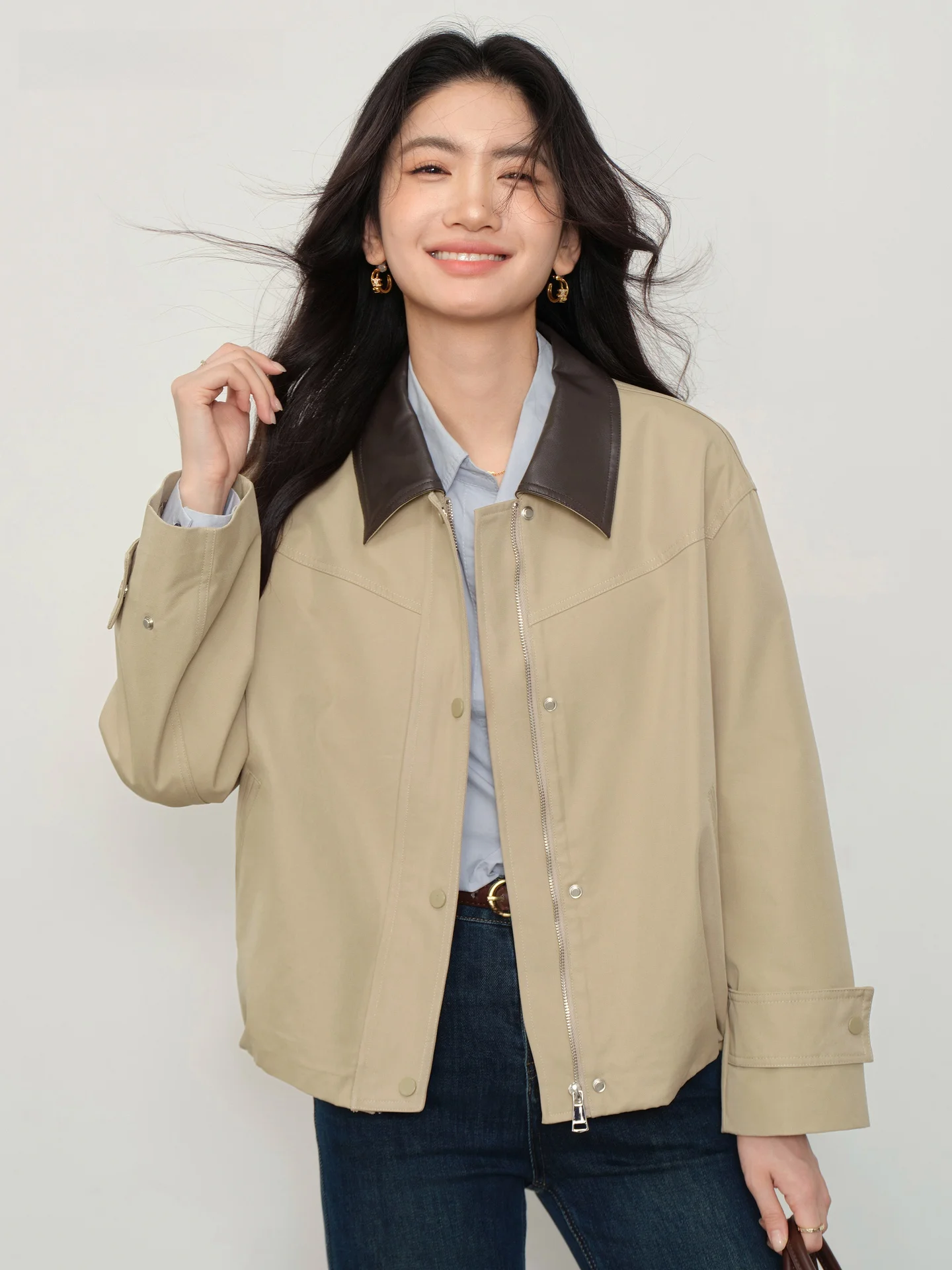 

Модная короткая кожаная куртка цвета хаки с воротником, женская осенне-зимняя новинка, повседневный кардиган-пальто