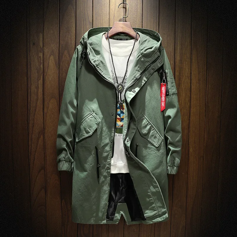 Gabardina larga de algodón para hombre, chaqueta negra de Hip Hop, abrigos japoneses, ropa de calle con capucha, chaquetas casuales verdes del ejército, otoño y primavera