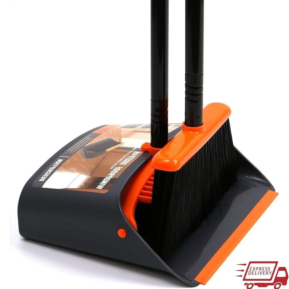 

Upright Broom and Dustpan Set with Long Handle Cleaning Tools Home Office Lobby Easy Storage Built-in Teeth Scraper