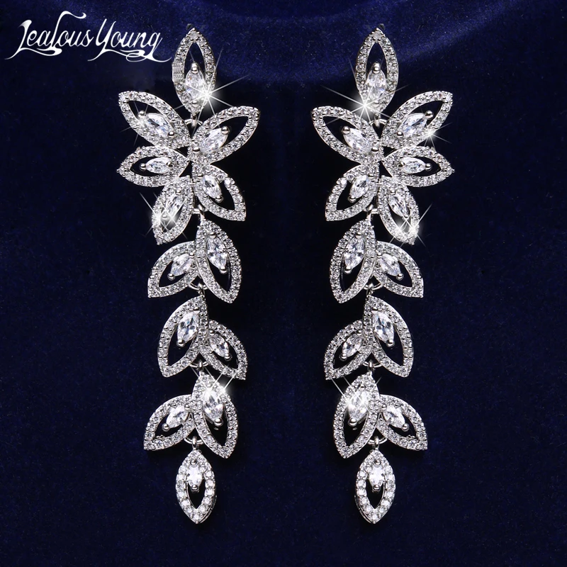 Fashion Korean CZ Leaf Wedding  Drop Bridal Earrings Marquise Cubic Zirconia Elegant Long Earings for Women Jewelry Gift