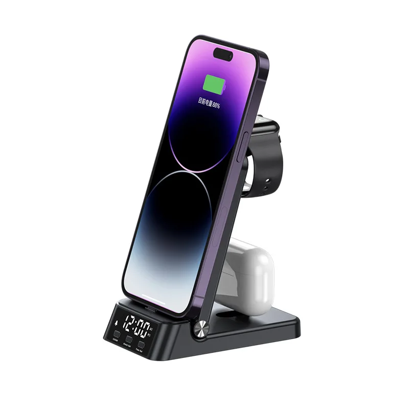 

Stand Foldable 4 in 1 Wireless Charger For iPhone 16 15 14 13 12 Samsung Galaxy Watch 8/7/6 Clock Alarm Fast Charging Station
