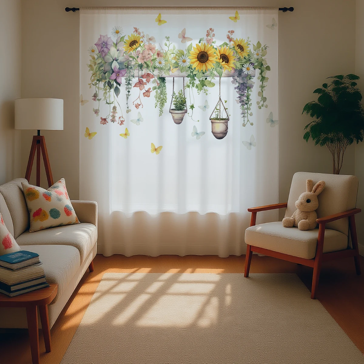 

1pc Sunflower & Hanging Planter Sheer Curtain - Watercolor Pattern Pole Window Curtain for Spring Home Decor