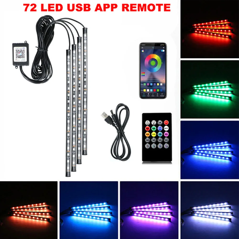 4IN1 72LED Car Interior Ambient Foot Strip Light Backlight Remote with App Music Remote Control RGB Decorative Lamps