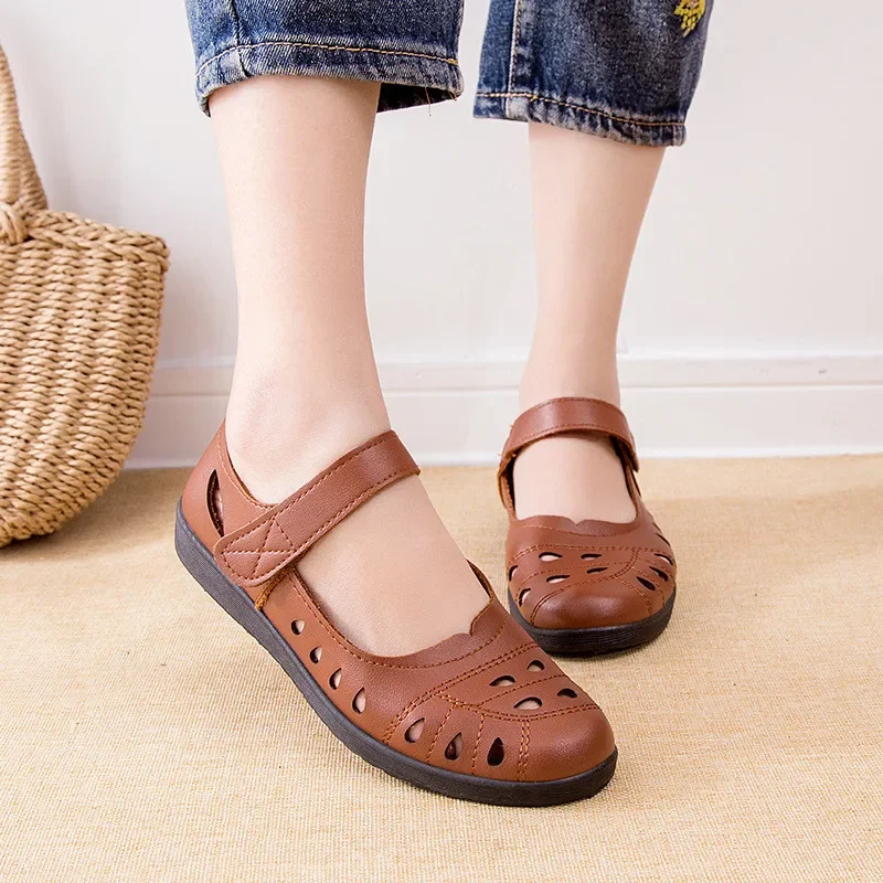 BEYARNE Summer Ballet flat shoes woman hollow leather Mary Jane casual shoes ladies genuine moccasins shoes woman Sapato